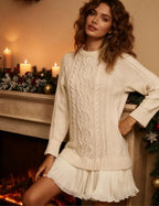 Women Cable Knit Sweater Dress Crewneck Long Sleeve Pleated Mini Dress Twofer Style Patchwork Dress