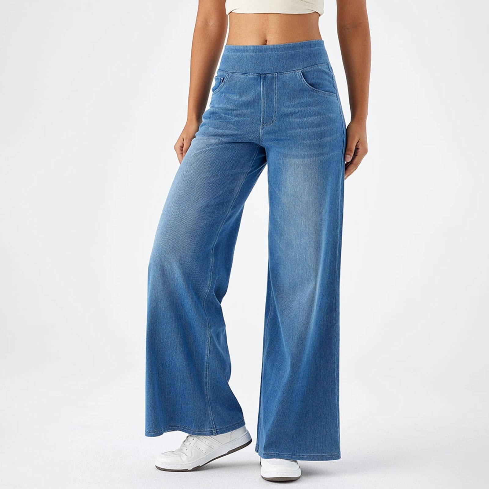 2026🔥 FlexTM High Waisted Multiple Pockets Baggy Wide Leg Washed Stretchy Knit Casual Jeans