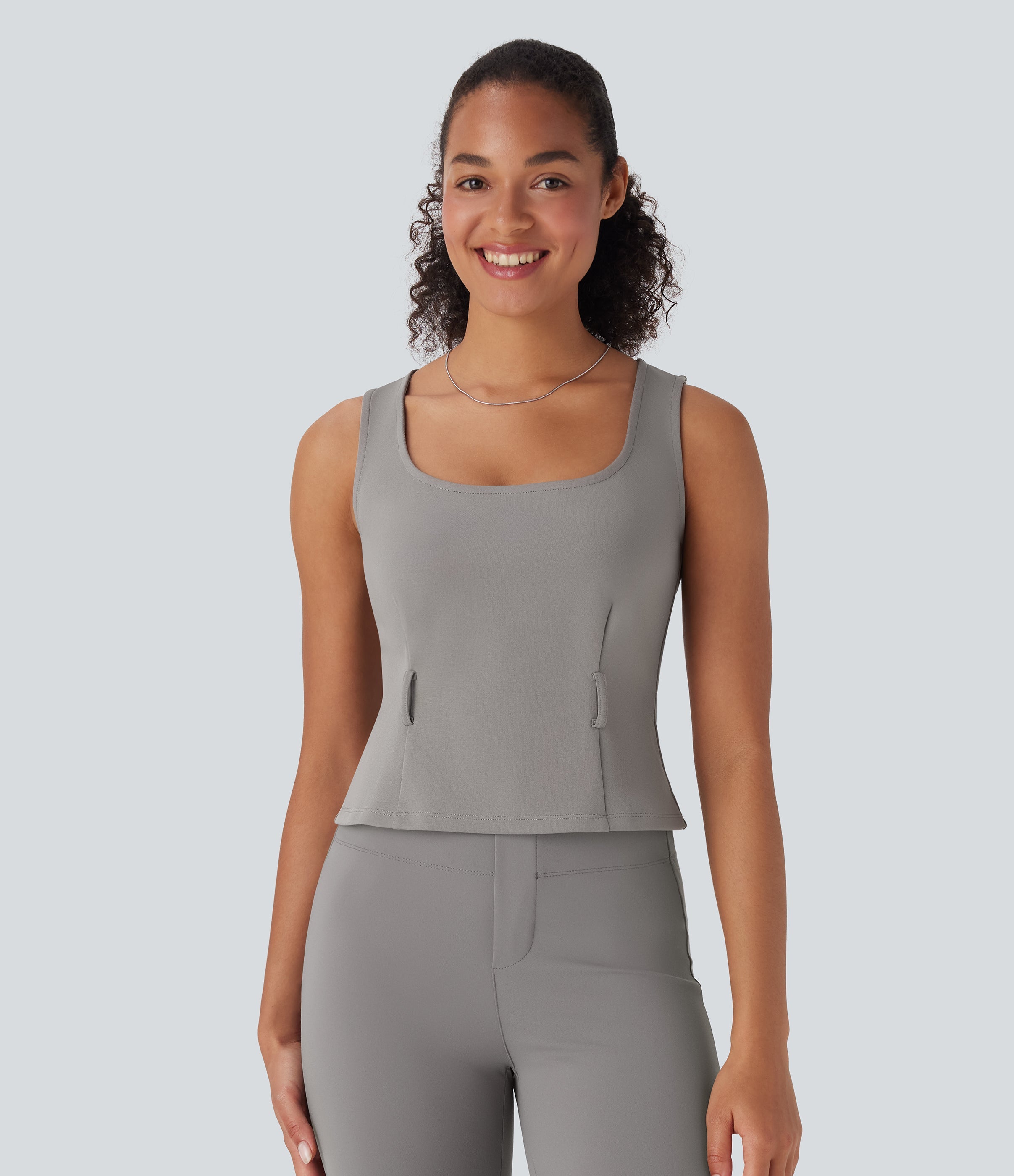 Square Neck Belted Work Tank Top