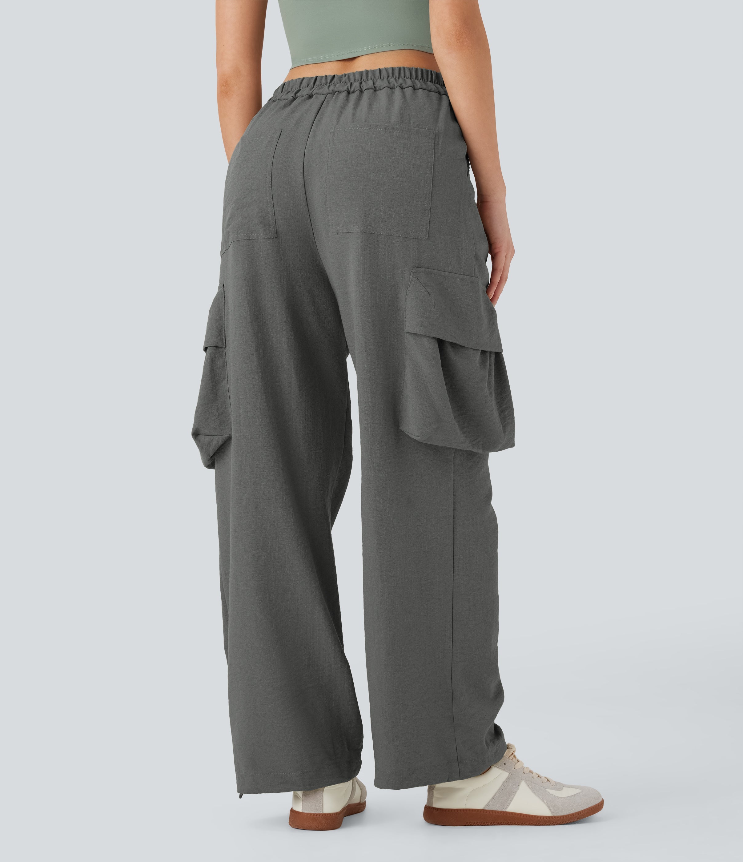 High Waisted Adjustable Drawstring Hem Linen-Feel Casual Cargo Pants with Pockets