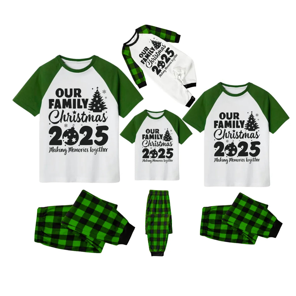 Our Family Christmas 2025 Family Pajamas Set - White Top, Green Plaid Pants, Green Sleeves, Christmas Tree and Ornaments Print