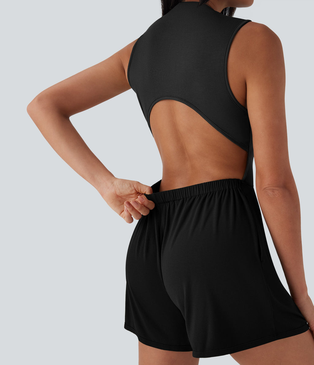 Mock-Neck Sleeveless Casual Jumpsuit with Pockets-Easy Peezy