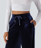 High Waisted Drawstring Wide Leg Velvet Casual Pants with Pockets