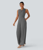 Henley Neck Sleeveless Wide Leg Flowy Casual Jumpsuit with Pockets