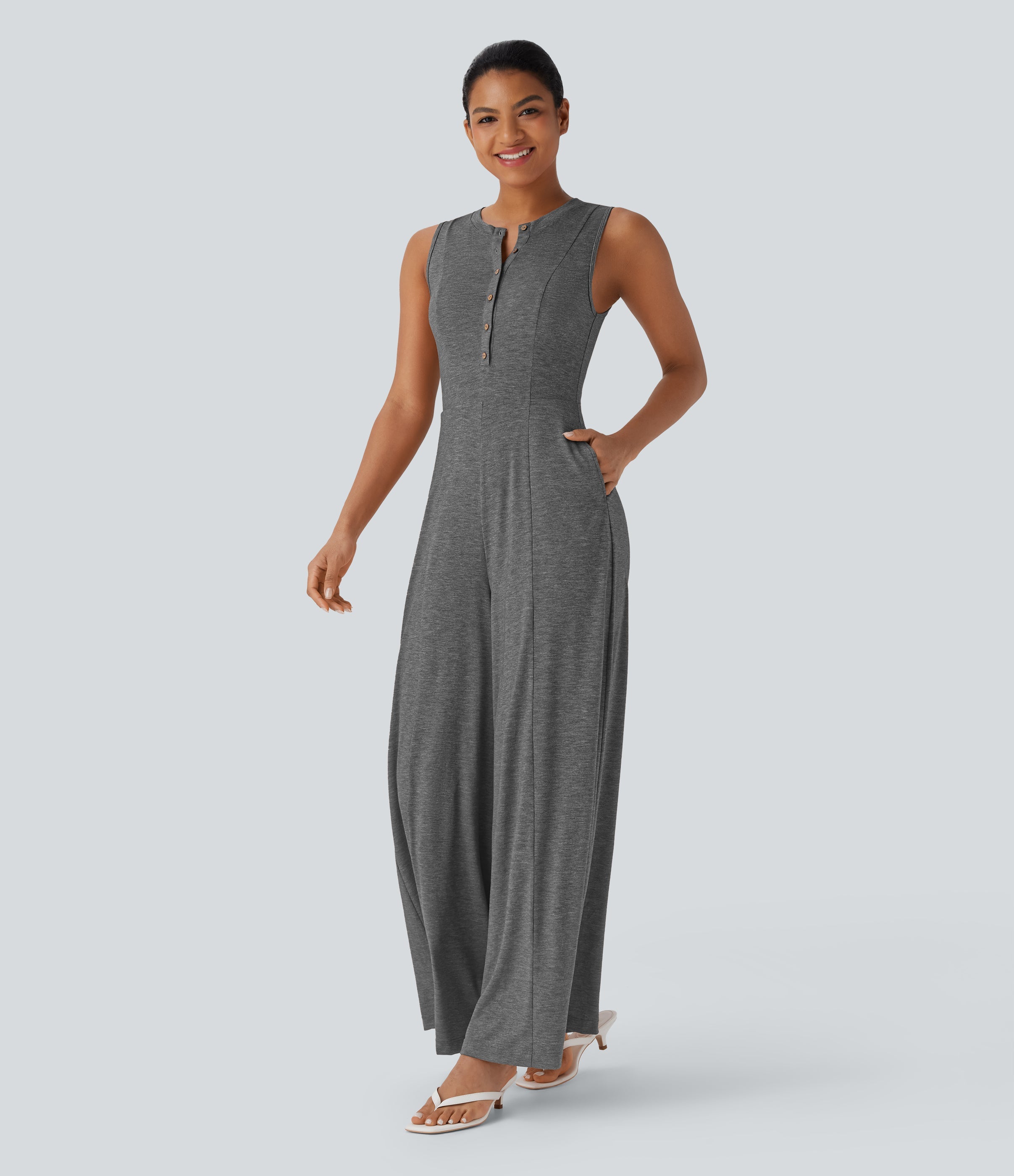 Henley Neck Sleeveless Wide Leg Flowy Casual Jumpsuit with Pockets