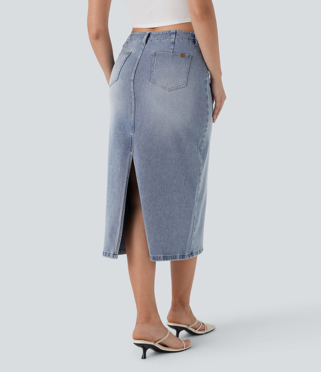FlexTM Mid Rise Back Midi Washed Denim Casual Straight Skirt with Pockets