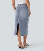 FlexTM Mid Rise Back Midi Washed Denim Casual Straight Skirt with Pockets