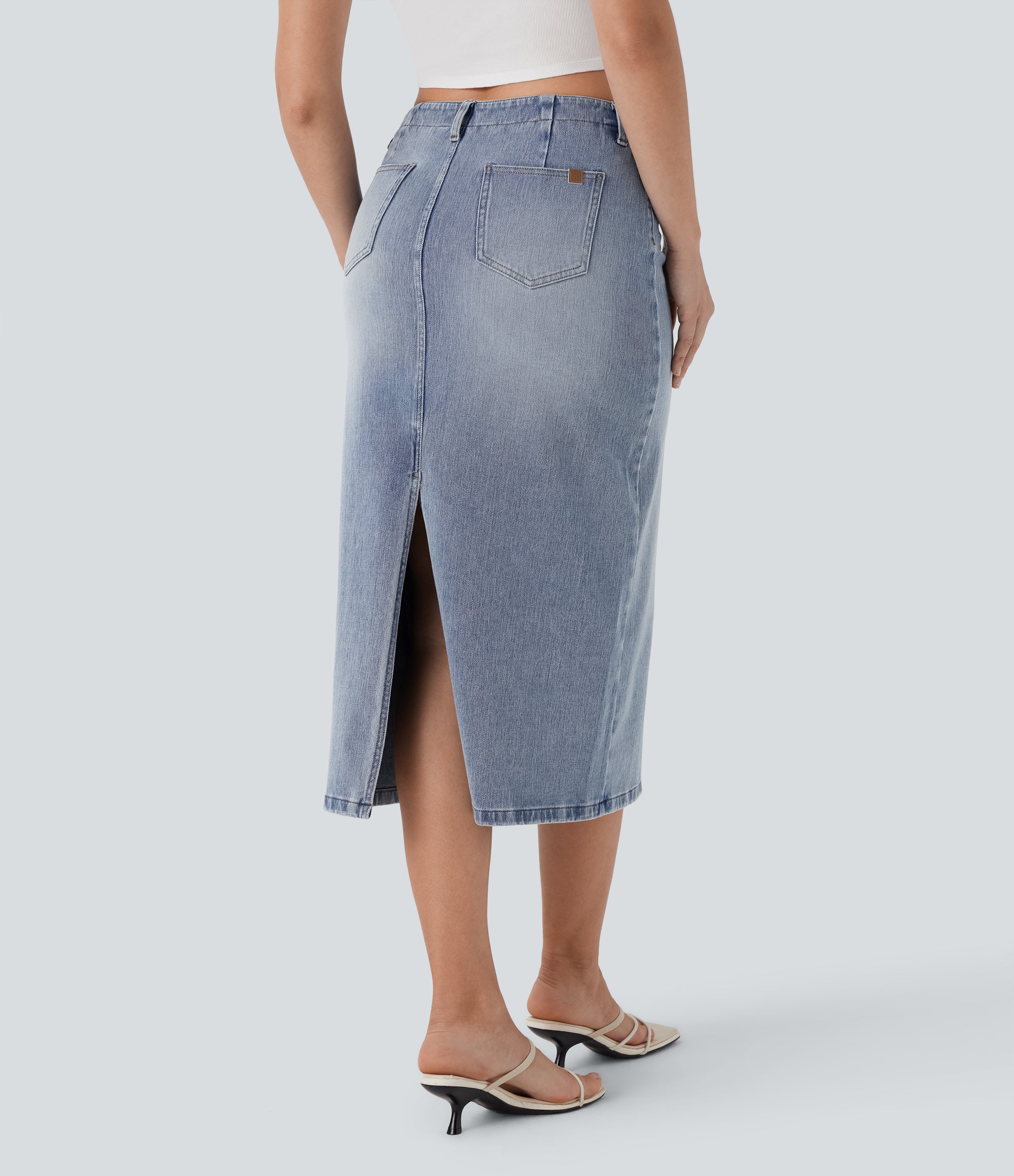 FlexTM Mid Rise Back Midi Washed Denim Casual Straight Skirt with Pockets