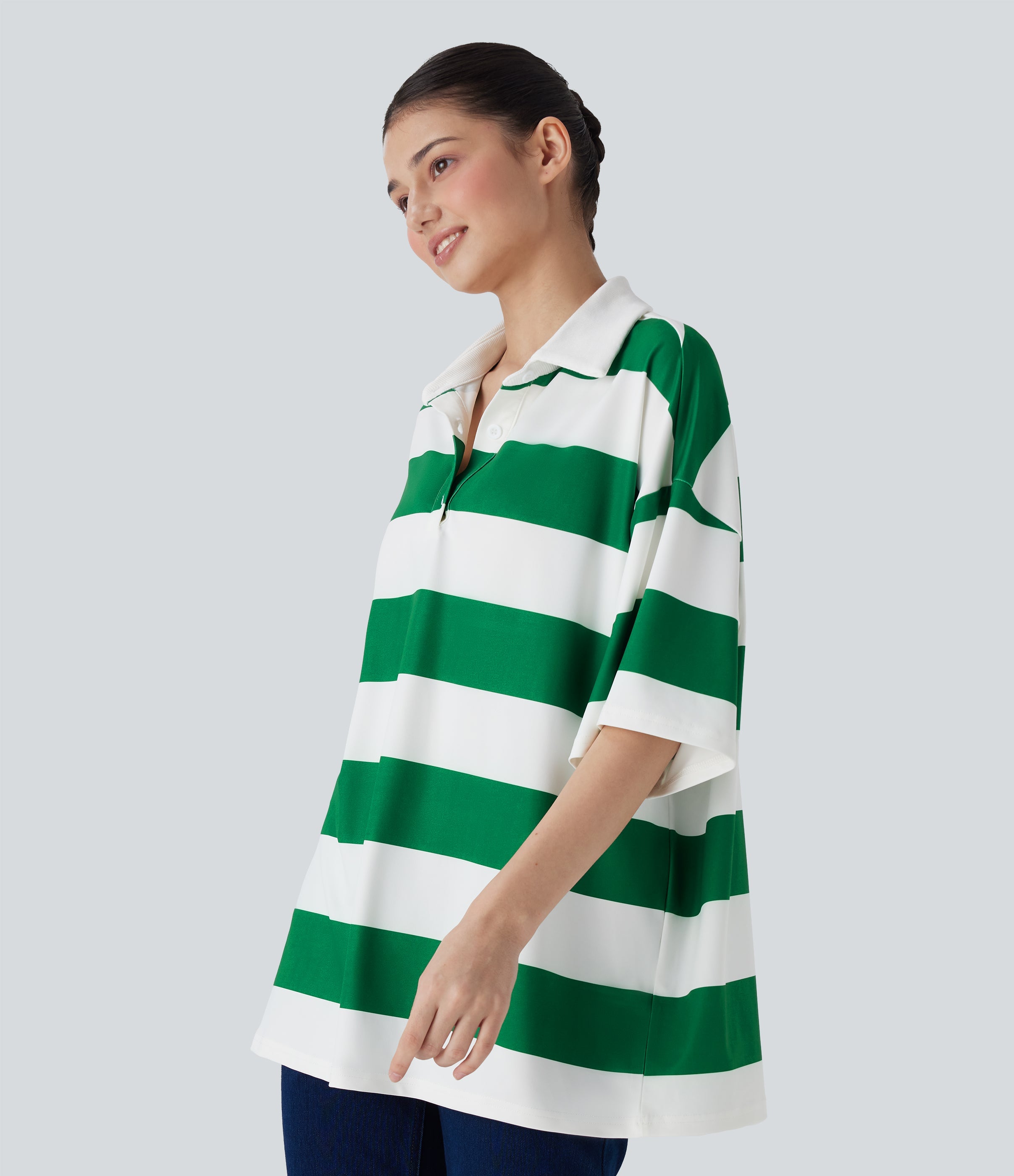 Polo Neck Dropped Shoulder Colorblock Stripe Oversize Casual T-Shirt