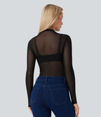 Sheer Mesh Mock-neck Snap Casual Bodysuit