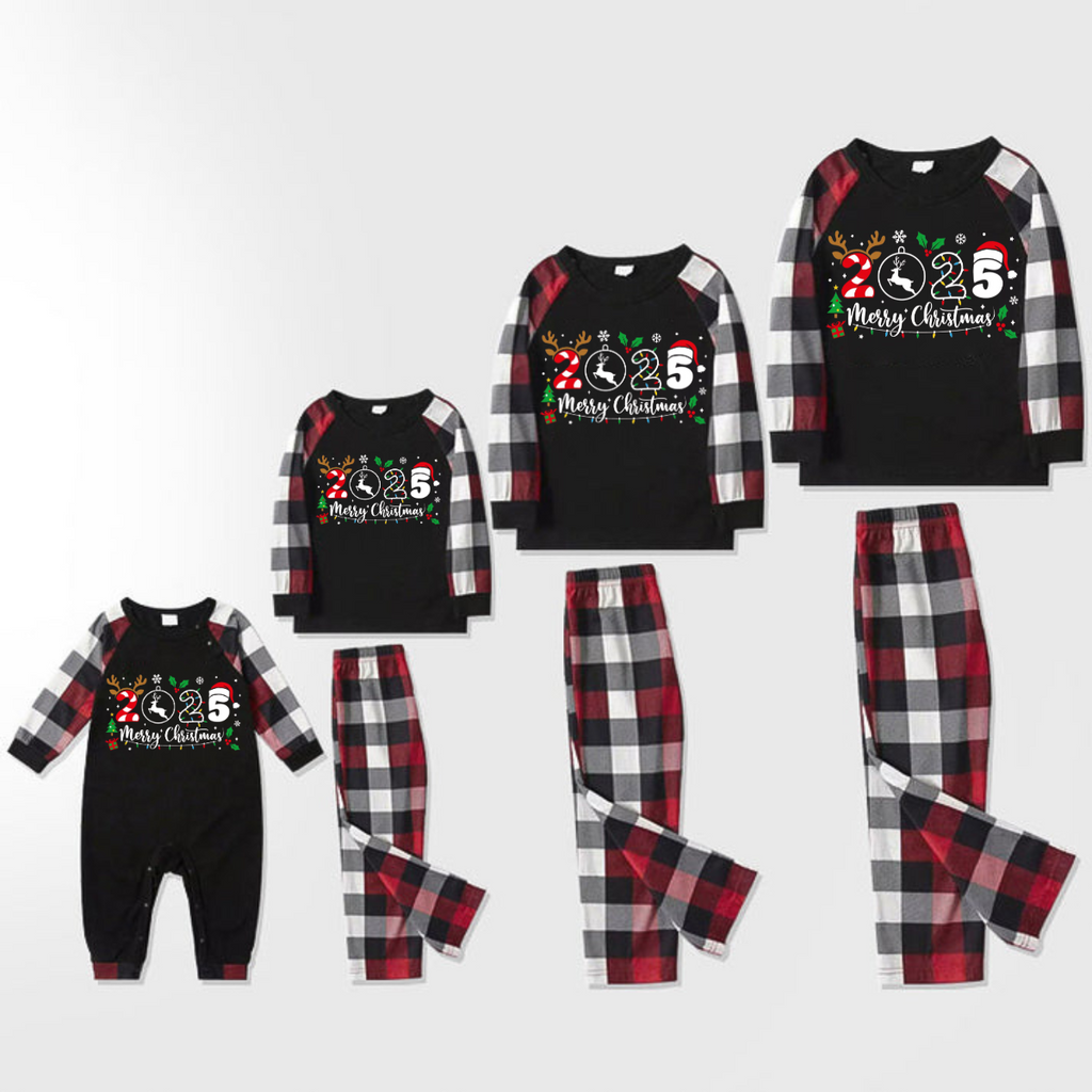 "2025 Merry Christmas" Text Snowflake Printed Pattern - Black Top with Red&Black&White Plaid Sleeves - Family Matching Pajamas