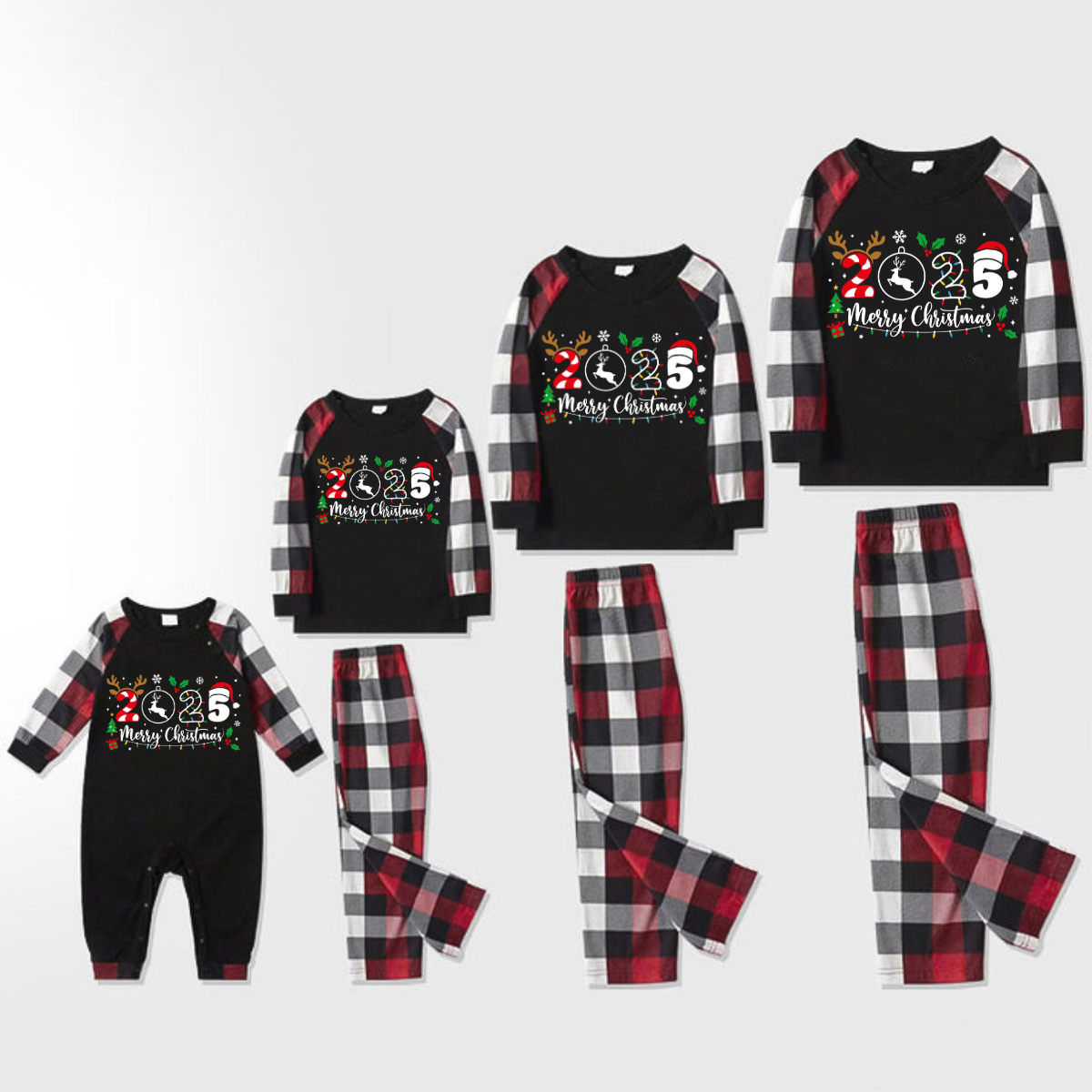 "2025 Merry Christmas" Text Snowflake Printed Pattern - Black Top with Red&Black&White Plaid Sleeves - Family Matching Pajamas