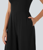 SoftlyZeroTM Airy Short Sleeve Wide Leg Cool Touch Yoga Jumpsuit with Pockets-Easy Peezy Edition