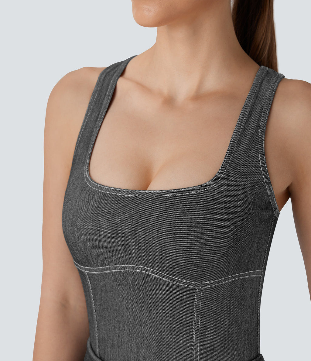 FlexTM Square Neck Racerback Cool Touch Washed Denim Tennis Bodysuit