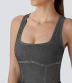 FlexTM Square Neck Racerback Cool Touch Washed Denim Tennis Bodysuit