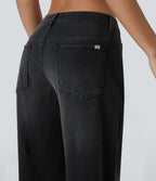 FlexTM Asymmetric Low Rise Zipper Pockets Baggy Wide Leg Washed Casual Jeans