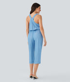 Drawstring Tapered Denim Like Casual Jumpsuit with Pockets