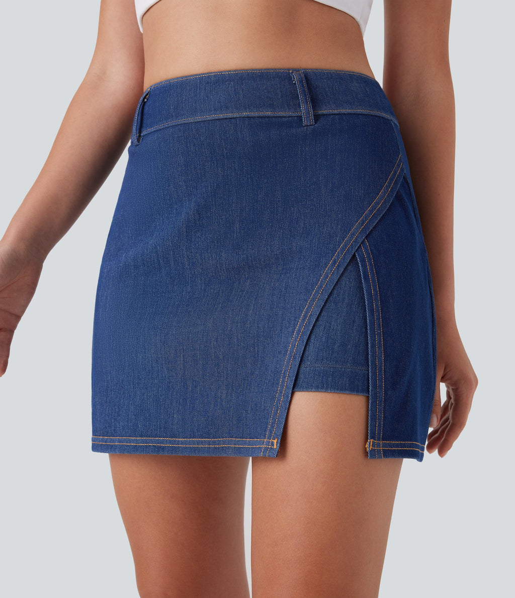 FlexTM High Waisted 2-in-1 Cool Touch Washed Denim Mini Tennis Skirt with Pocket