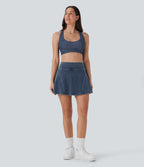 FlexTM High Waisted 2-in-1 A Line Mini Washed Denim Casual Skirt with Pockets