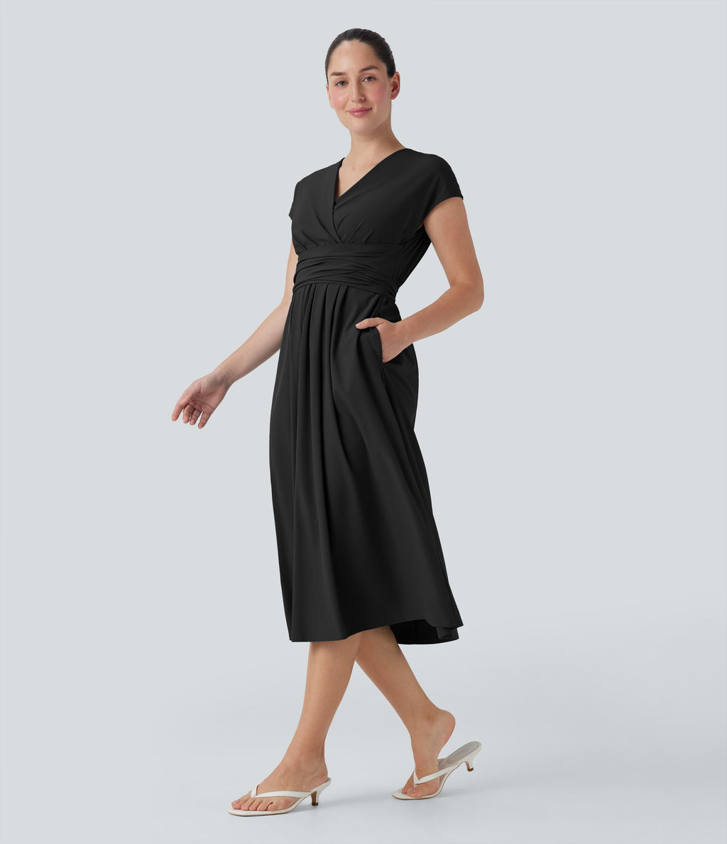 BreezefulTM V Neck Short Sleeve Pocket Tie Back Quick Dry Midi Casual Dress