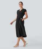BreezefulTM V Neck Short Sleeve Pocket Tie Back Quick Dry Midi Casual Dress