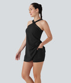 SoftlyzeroTM Airy Halter Cut Out Backless 2-in-1 Cool Touch Mini Yoga Active Dress with Side Pockets-Easy Peezy Edition-UPF50+