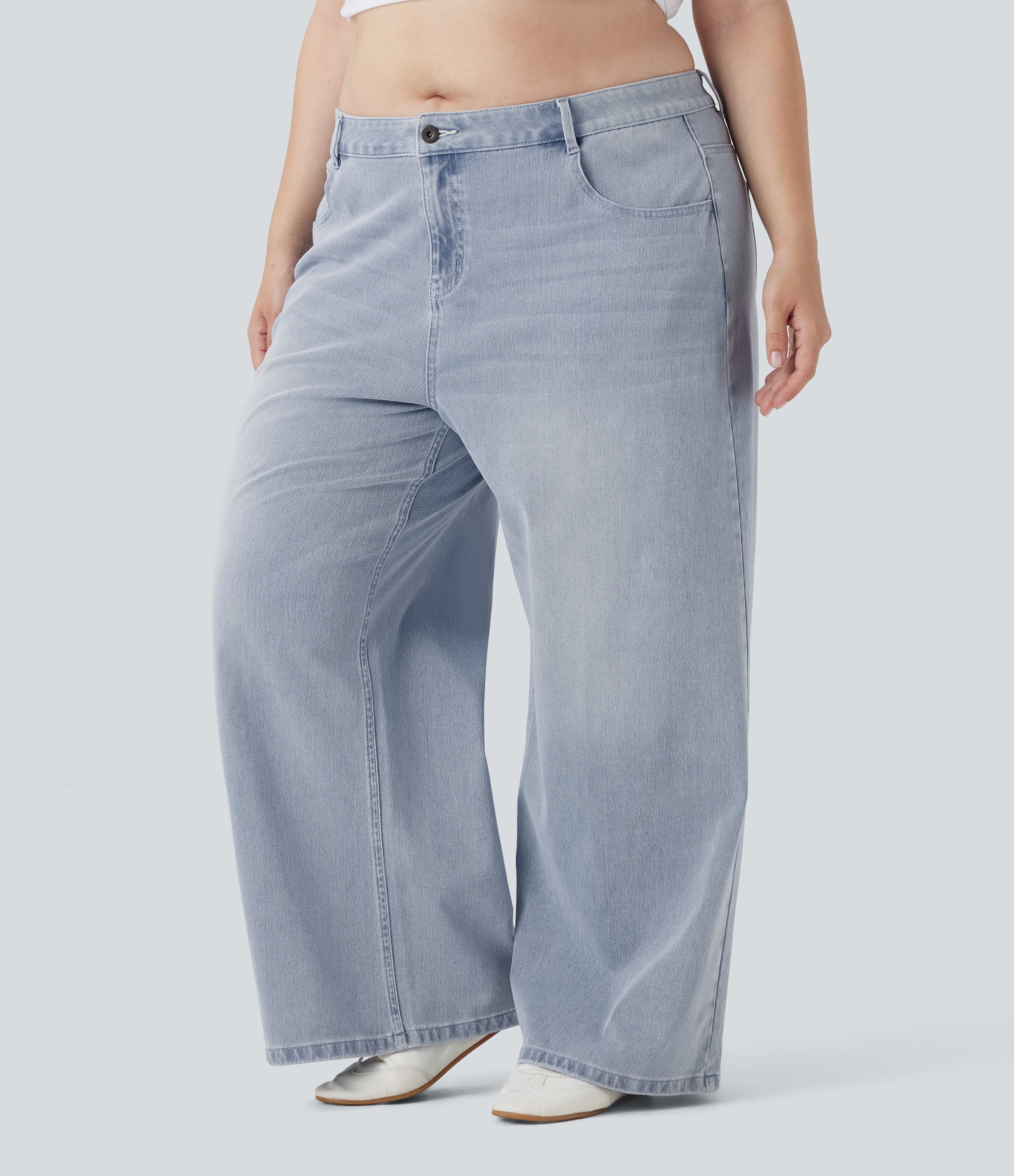 Plus Size FlexTM Low Rise Wide Leg Washed Casual Jeans with Pockets