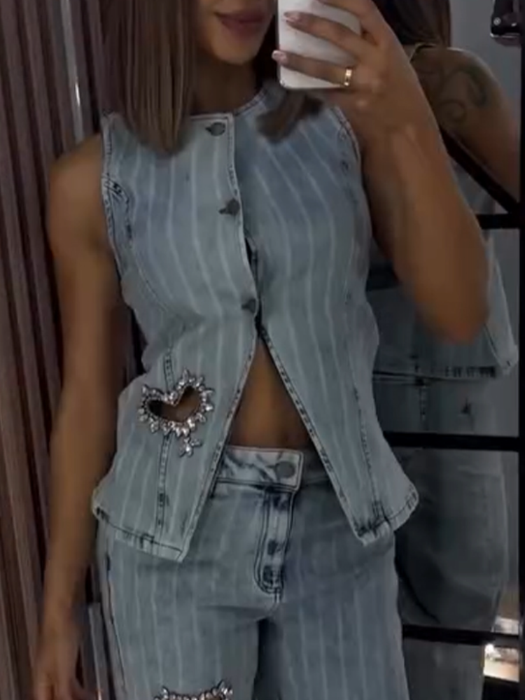 Women Round Neck Heart-shaped Hollow Hot Stamping Rhinestone Casual Denim Set