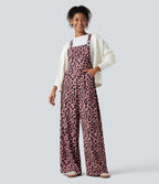 Leopard Print Waffle Casual Overalls with Pockets
