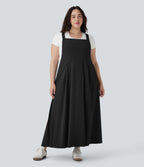 BreezefulTM Flowy Quick Dry Midi Casual Plus Size Pinafore Dress with Pockets