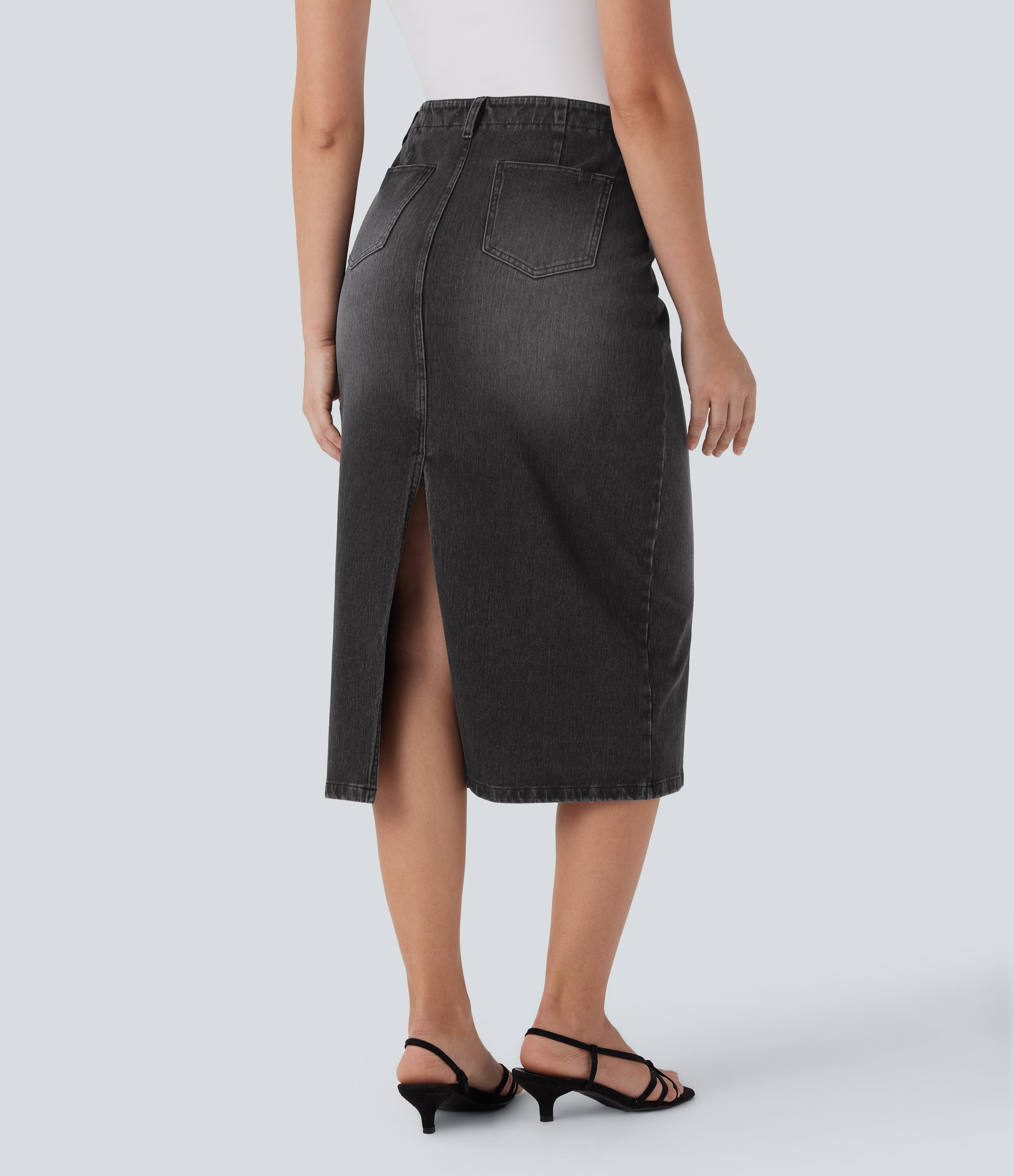FlexTM Mid Rise Back Midi Washed Denim Casual Straight Skirt with Pockets
