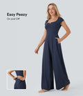 SoftlyZeroTM Airy Short Sleeve Wide Leg Cool Touch Yoga Jumpsuit with Pockets-Easy Peezy Edition