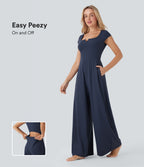SoftlyZeroTM Airy Short Sleeve Wide Leg Cool Touch Yoga Jumpsuit with Pockets-Easy Peezy Edition