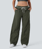 Low Rise Drawstring Ruffle Trim Dance Barrel Leg Pants with Pockets
