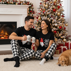 Couple Black and White Plaid Short Sleeve Christmas Pajamas Set Featuring Gnome with Santa Quotes