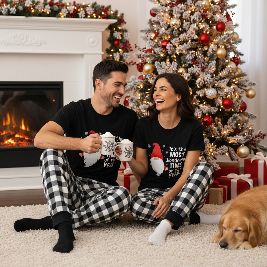 Couple Black and White Plaid Short Sleeve Christmas Pajamas Set Featuring Gnome with Santa Quotes