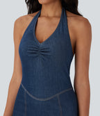 FlexTM Halter Bodycon 2-Piece Cool Touch Washed Denim Mini Tennis Active Dress with Pockets