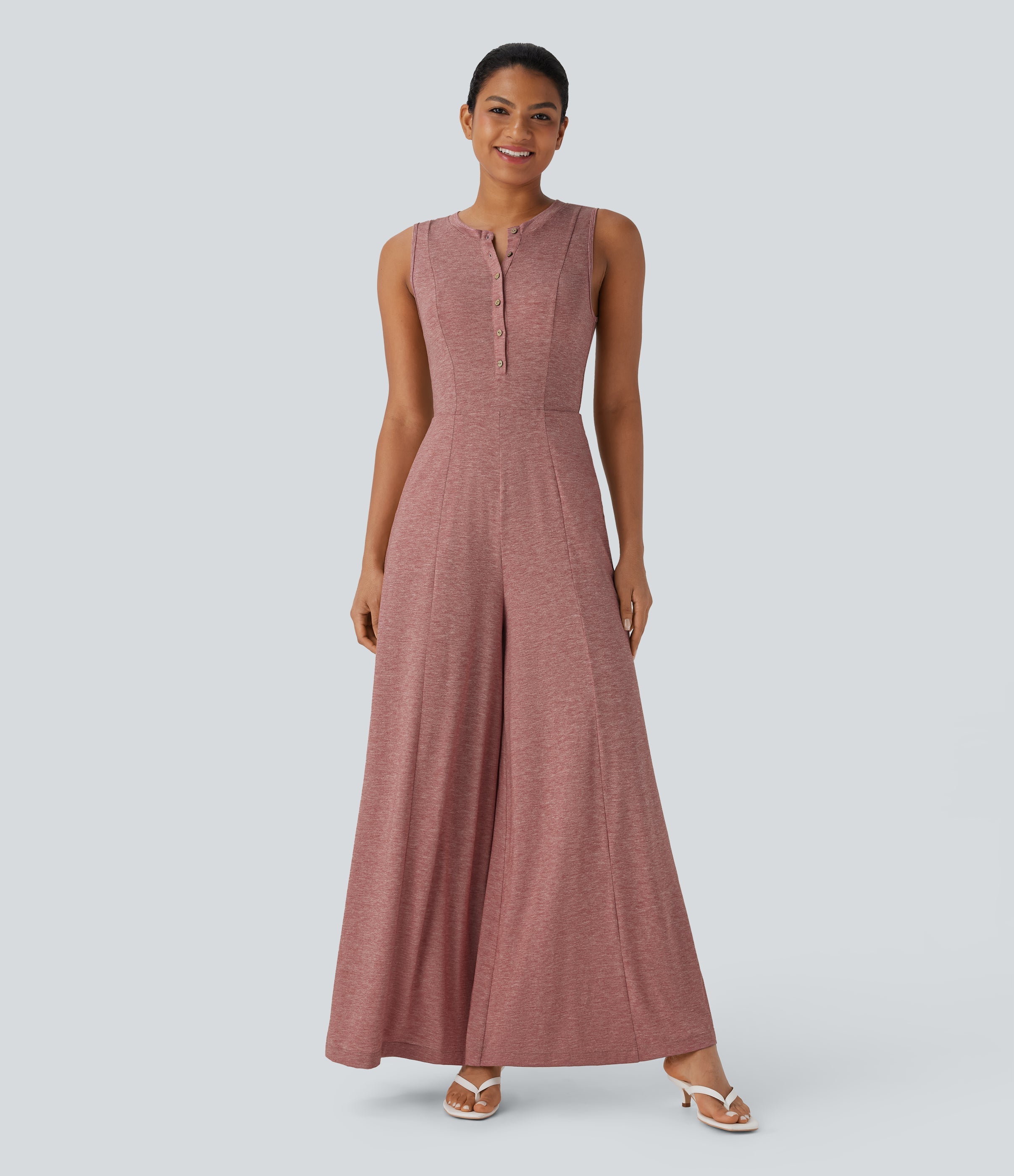 Henley Neck Sleeveless Wide Leg Flowy Casual Jumpsuit with Pockets