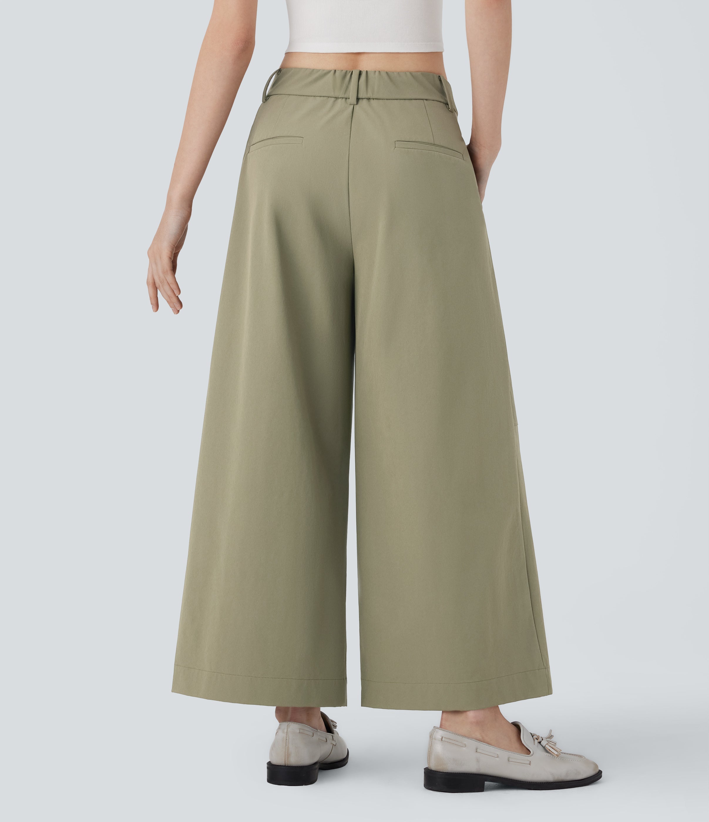 Mid Rise Wide Leg Work Pants with Pockets