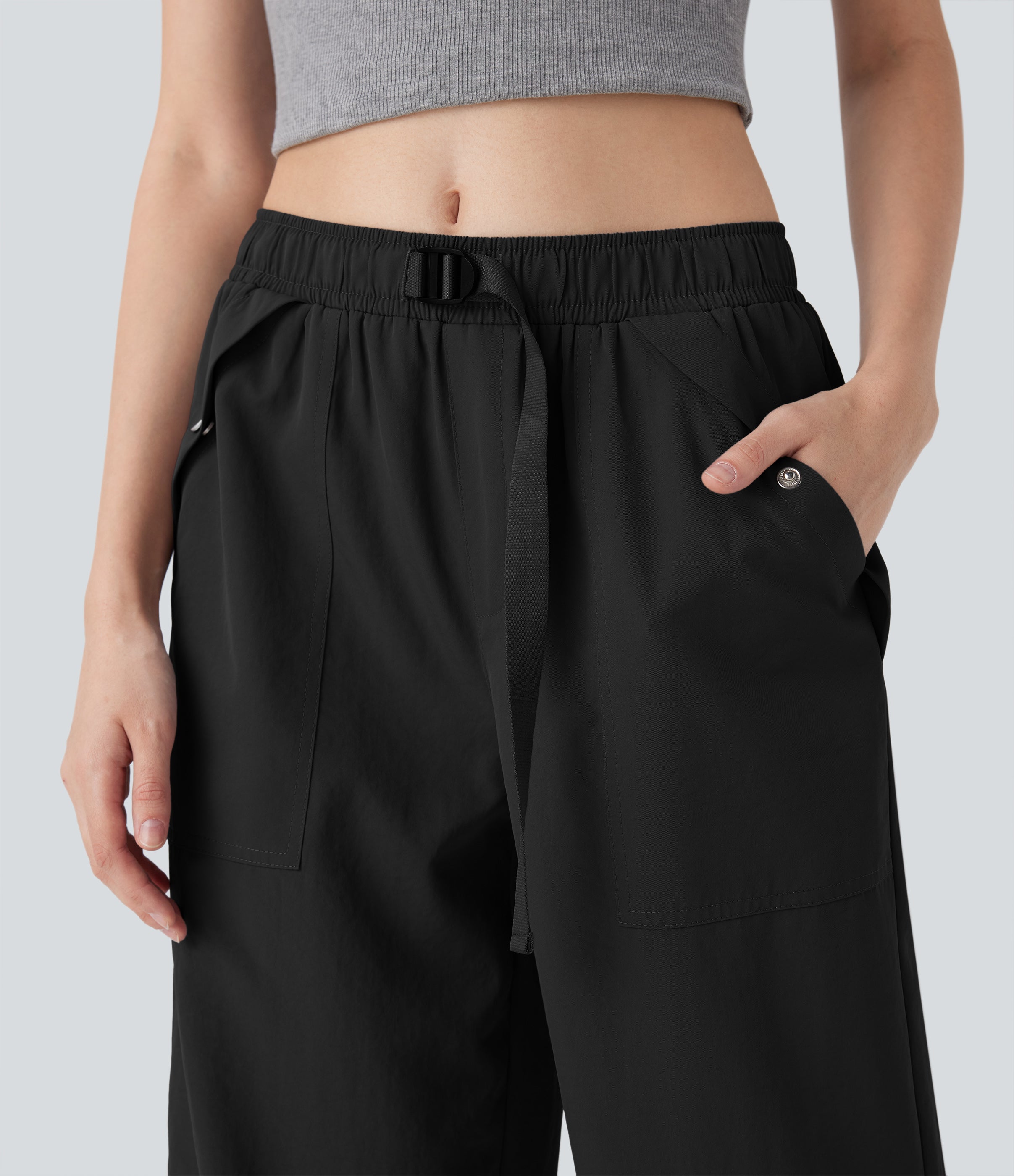 Mid Rise Belted Wide Leg Hiking Cargo Pants with Pockets
