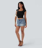 Square Neck Drawstring Eyelet Embroidery Skinny Cropped Casual Top