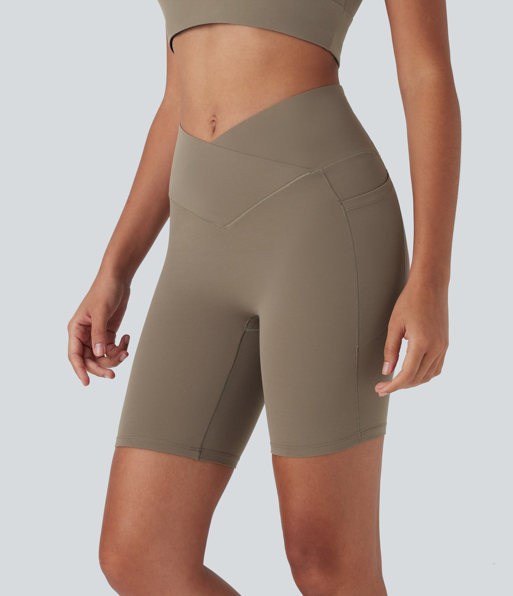 UltraSculptTM High Waisted Crossover Tummy Control Butt Lifting Yoga Biker Shorts 7'' with Pockets