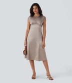 Round Neck Ruched Midi Satin Work Dress with Pockets