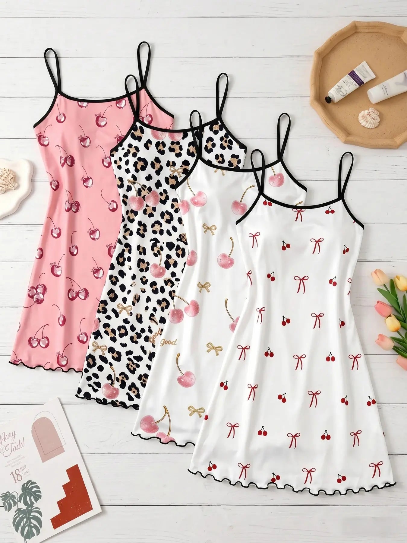 4-Pack Women's Strapless Nightdresses, Cartoon Bear All-Over Print Pajamas, Sweet Home Wear for Spring Summer, Essential Cozy Sleepwear Homewear