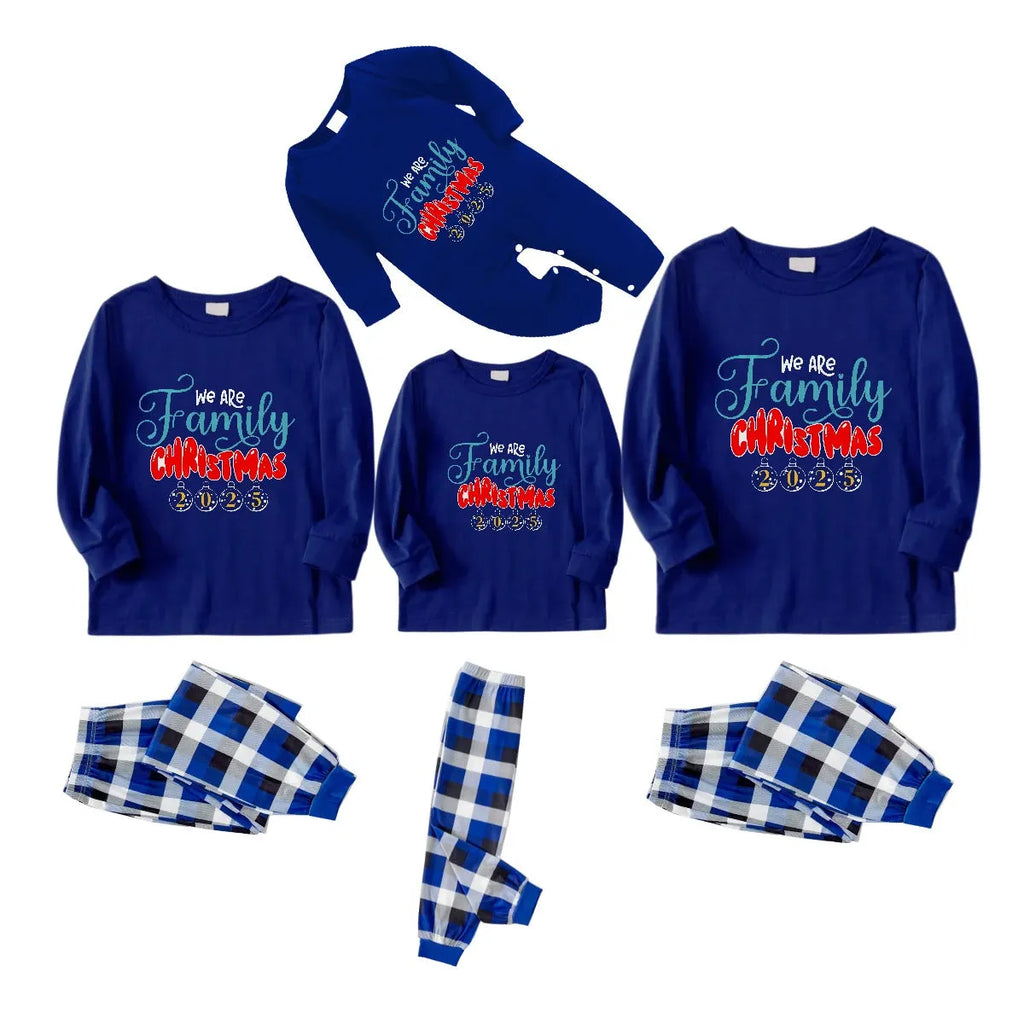 Christmas Family Matching Pajamas-Navy & White Plaid Pjs Set with "We Are Family Christmas 2025" Print