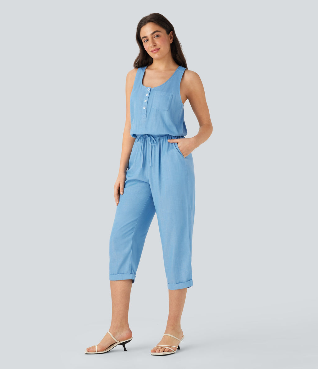 Drawstring Tapered Denim Like Casual Jumpsuit with Pockets