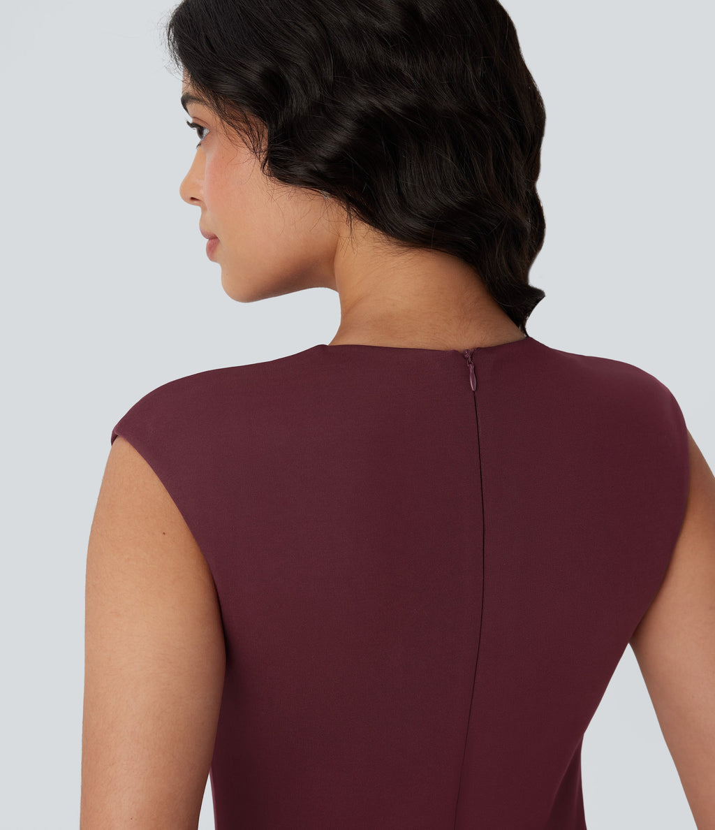 V-neck Zipper Bodycon Midi Work Built-in Mesh Shapewear Dress