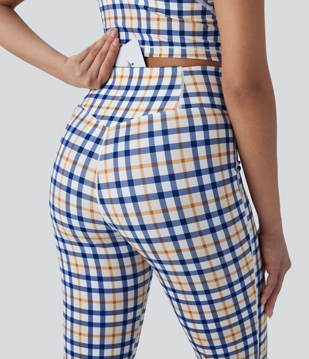 Crossover High Waisted Plaid Cool Touch Yoga Flare Leggings with Pocket