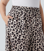 Plus Size High Waisted Drawstring Leopard Print Wide Leg Casual Pants with Pockets