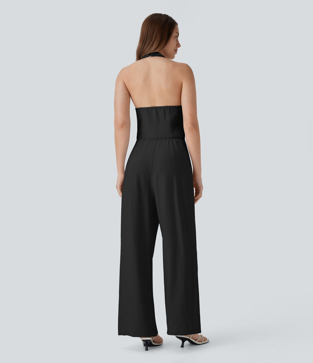 Halter Shirred Wide Leg Work Jumpsuit with Pockets